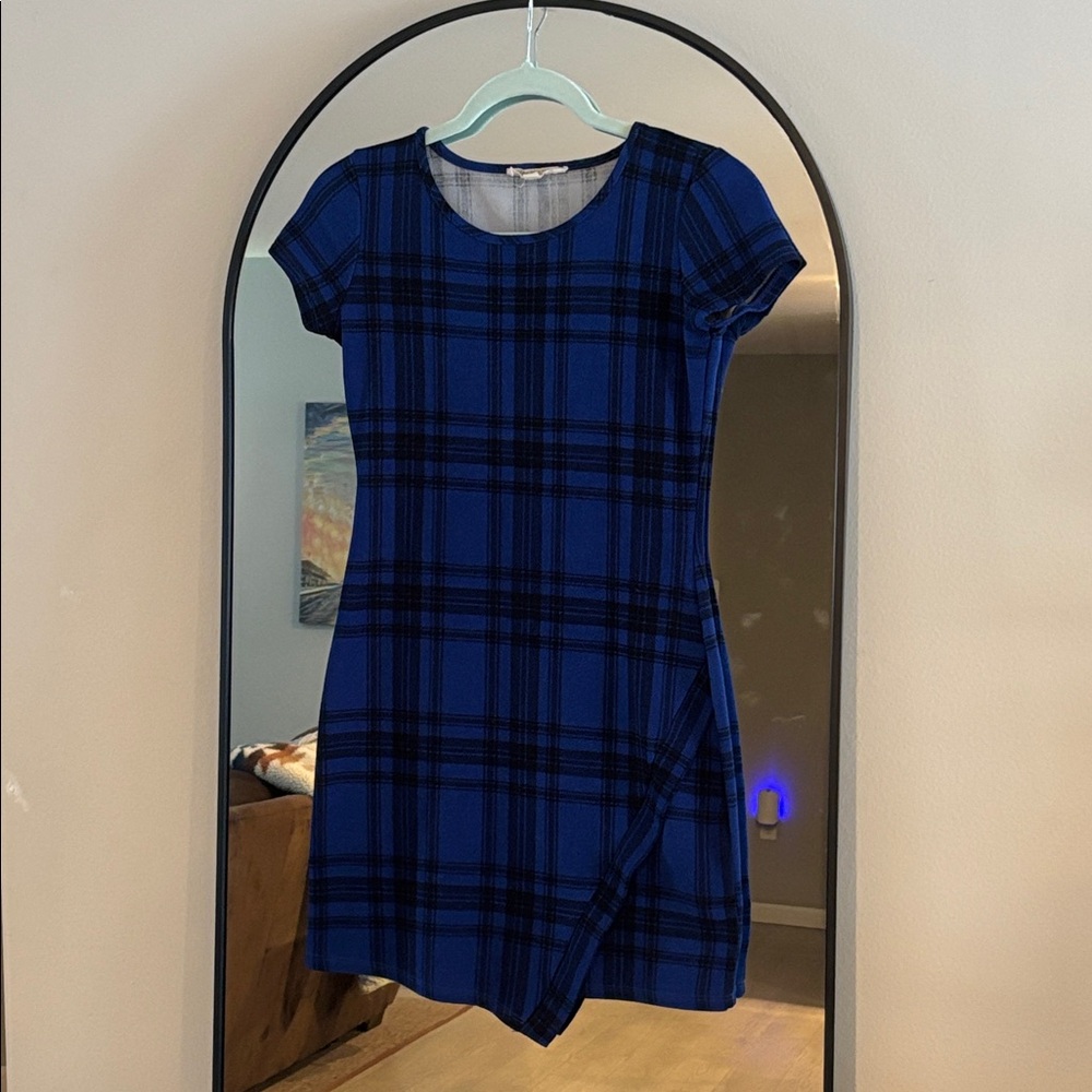 Pink Rose Navy Plaid Mini Dress – Size Small (Bodycon, Vintage)
